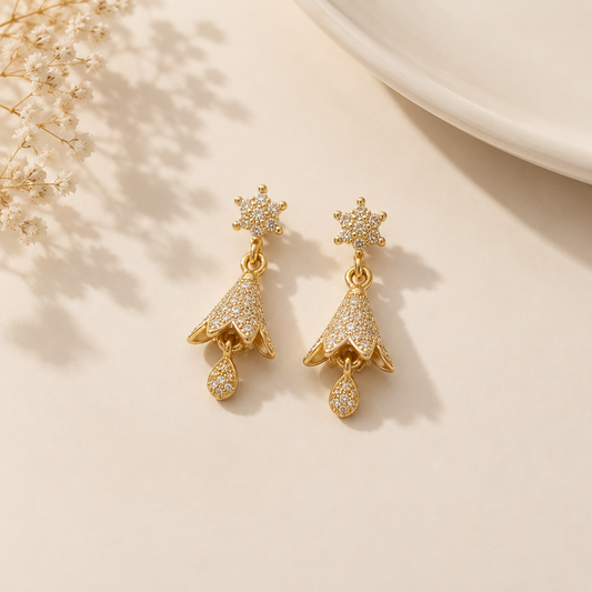 Gold Jhumka Earrings with CZ Stones | Traditional Indian & Pakistani Earrings