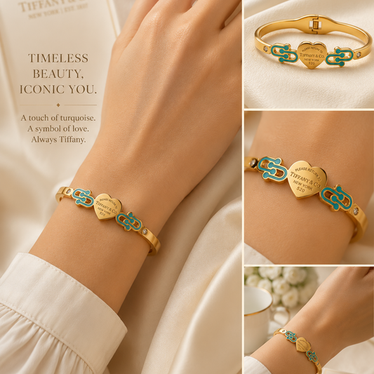 Adjustable Gold Heart Bangle Bracelet with Turquoise Accent