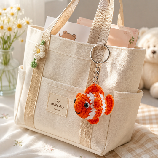 A cream canvas tote bag with beige webbed handles and side pockets, decorated with a small white flower charm and a crocheted orange-and-white fish keychain. The bag has a front patch reading 'lucky day' and is styled on a soft beige surface with daisies in a vase and a plush toy in the background.