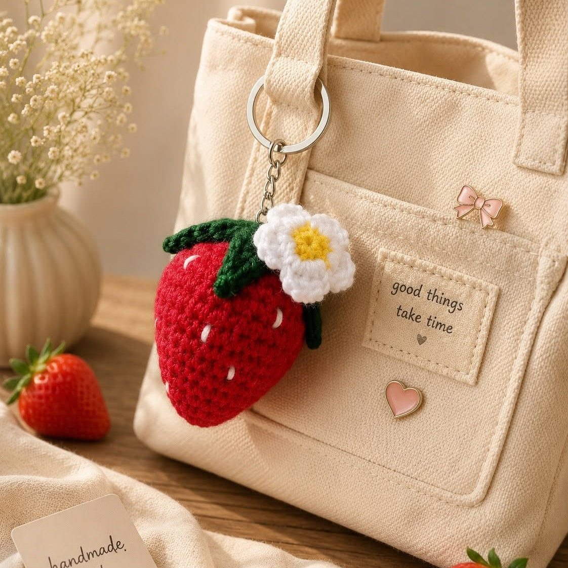 A cream-colored canvas tote bag with a crocheted strawberry keychain charm featuring a white daisy, styled on a wooden table with strawberries and a small card.