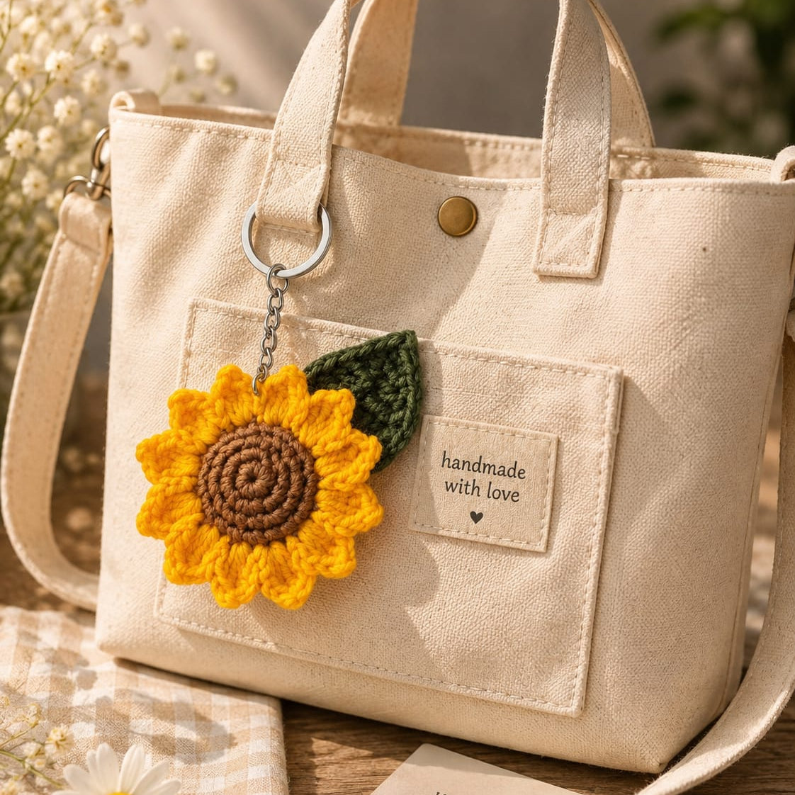 Cream canvas tote bag with a crocheted yellow sunflower charm, a green leaf accent, and a 'handmade with love' label on the front pocket, styled on a wooden surface with daisy props.