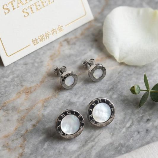 Roman Numeral Mother of Pearl Stud Earrings | Stainless Steeln