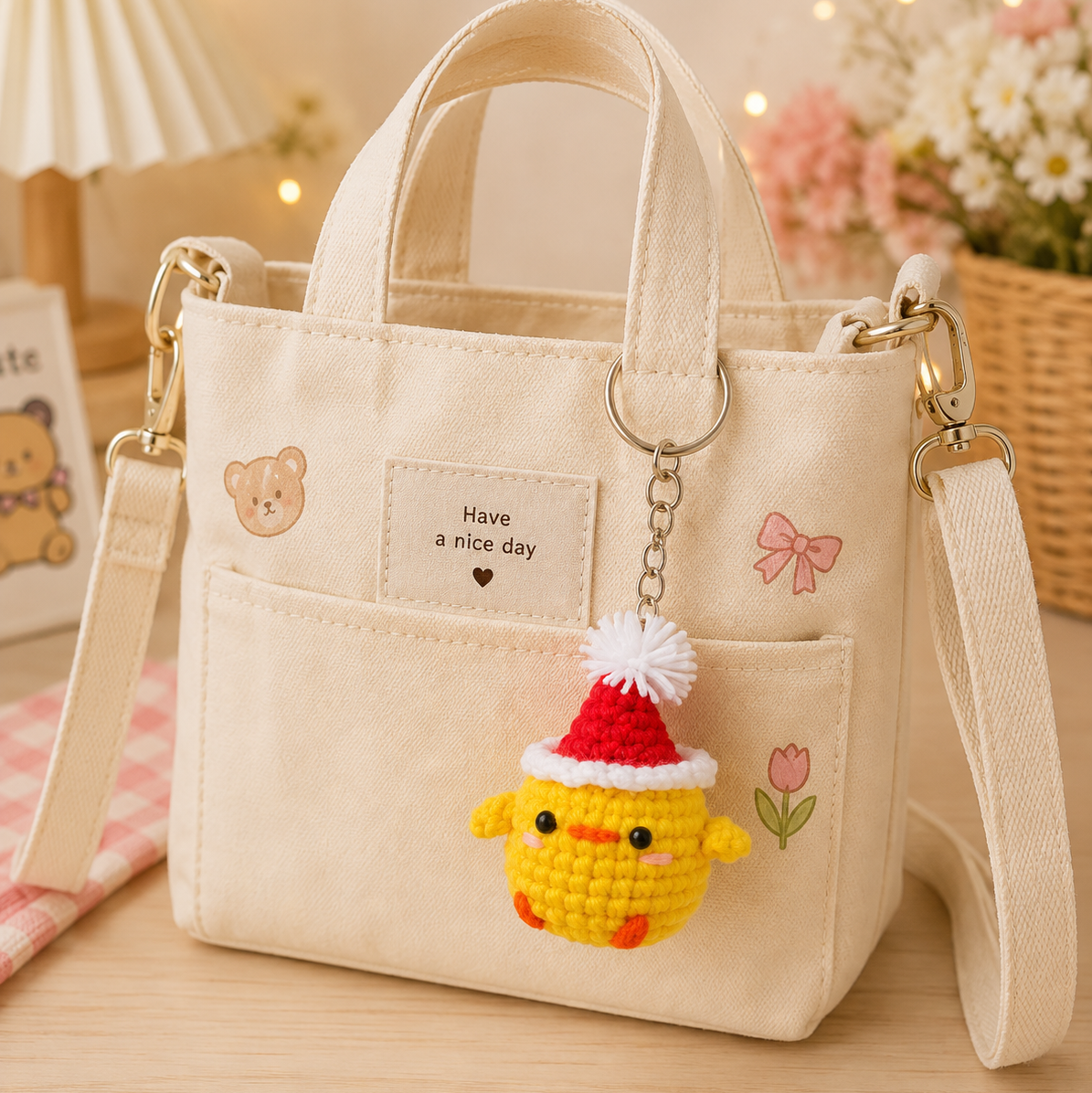 🎄 Handmade Crochet Christmas Chick Bag Charm – Festive Santa Keychain